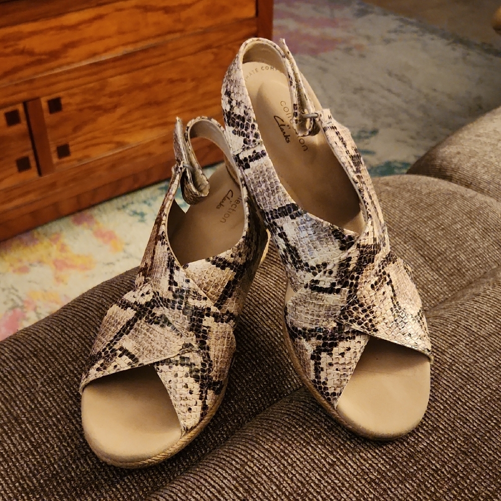 Clarks Snakeskin Sandals - Black and Cream